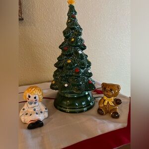 Avon holiday tree with doll and bear pomander in fine painted porcelain.
